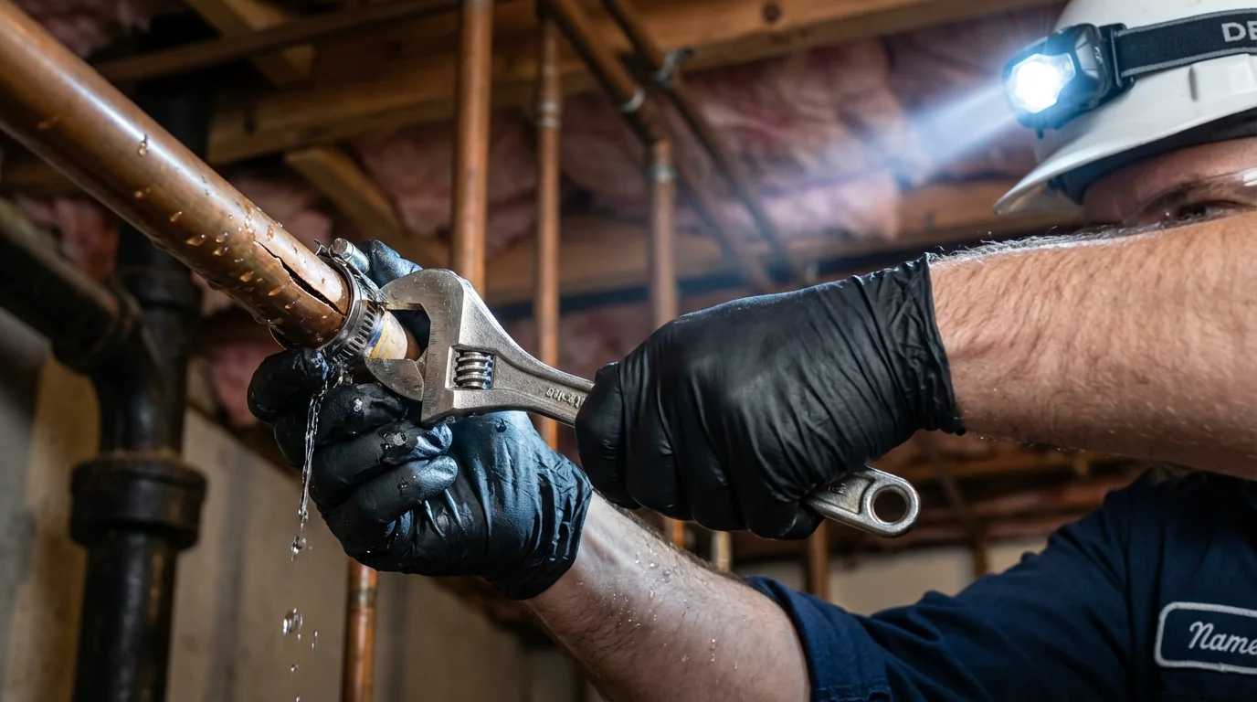 Emergency pipe clamp repair being performed by a Johns Plumbing LLC plumber in Bayard