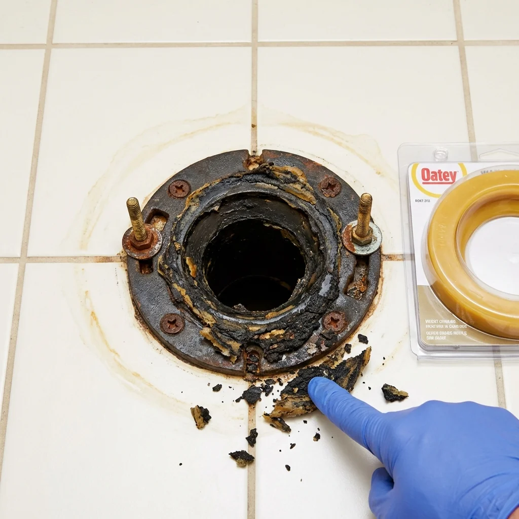 Failed wax ring showing water seepage at the base of a toilet in a Bayard, NE home