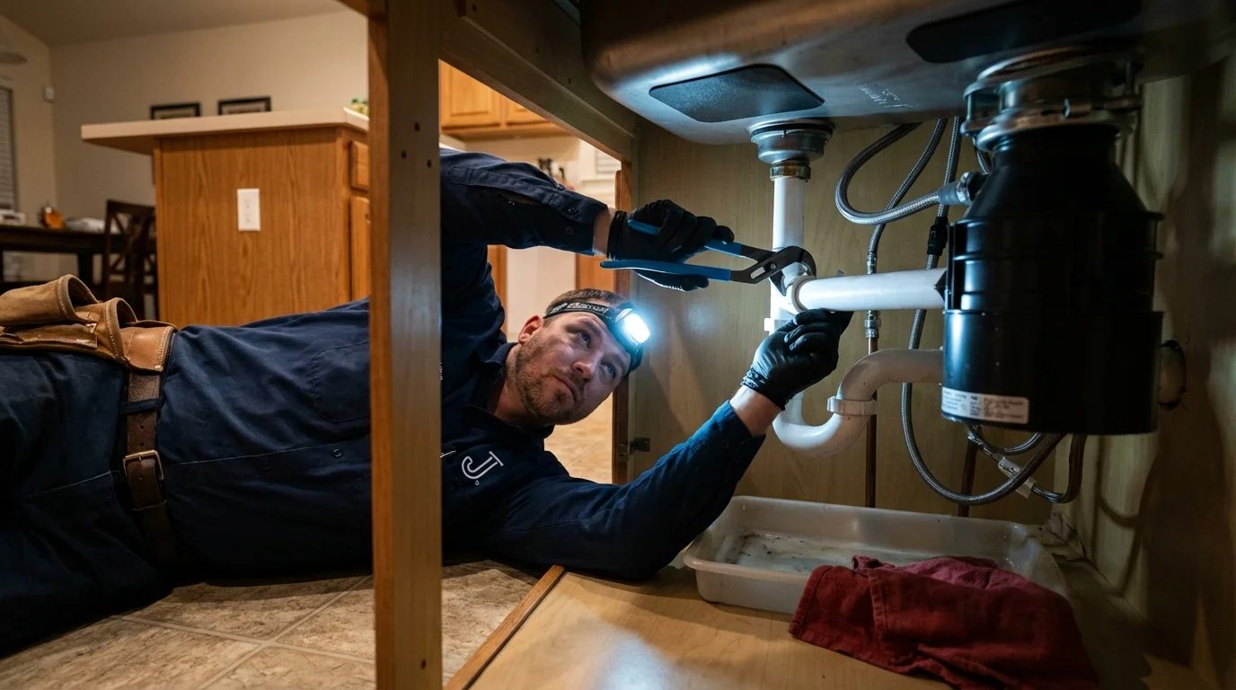 P-trap and supply line connections under a kitchen sink showing a common leak point in Bayard, NE